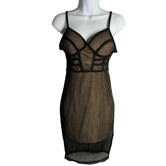 Revamped | Dresses | Revamped Lace Illusion Bodycon Dress M Black  Sweetheart Adjustable Straps Zip | Poshmark